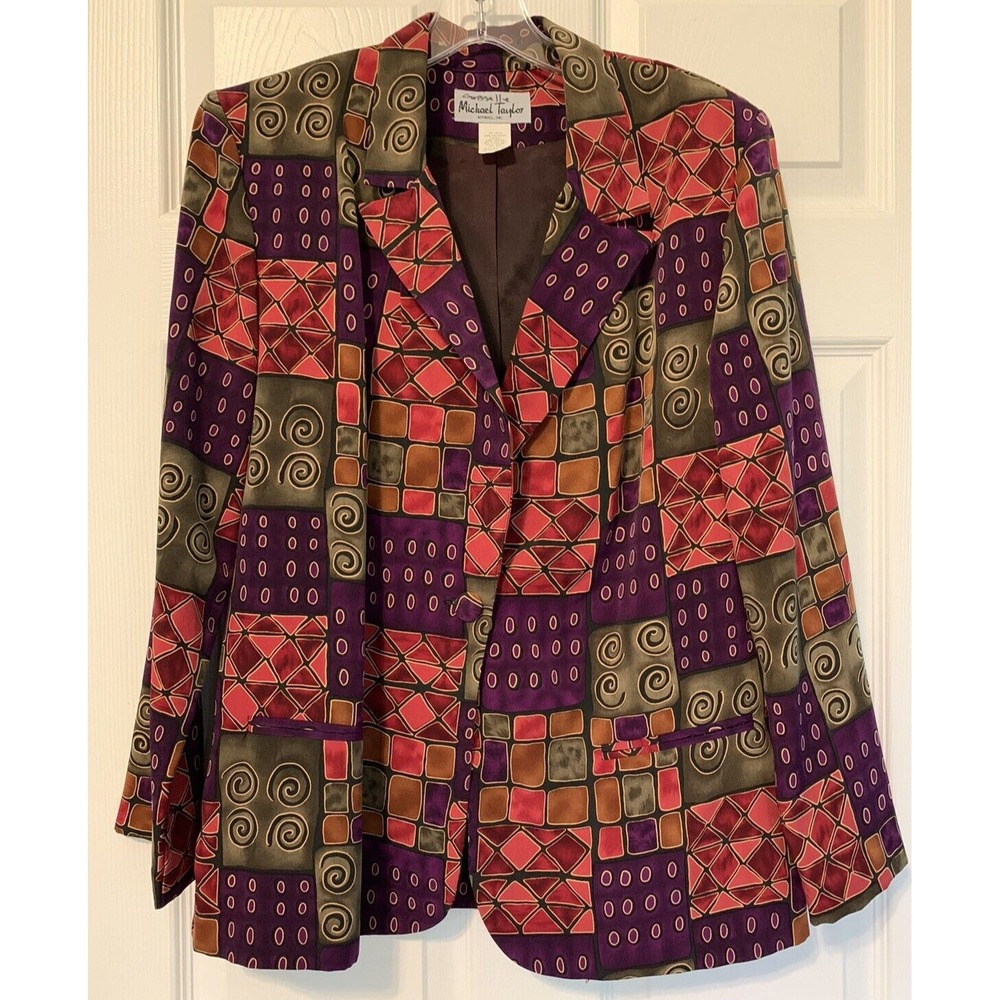 Vintage Michael Taylor Geometric Print Blazer Single Button Petite Med